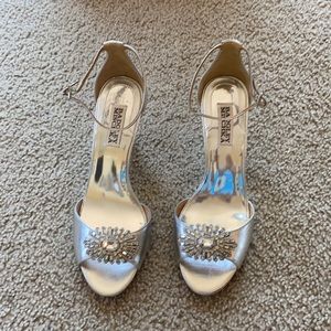 Badgley Mischka silver leather embellished wedge